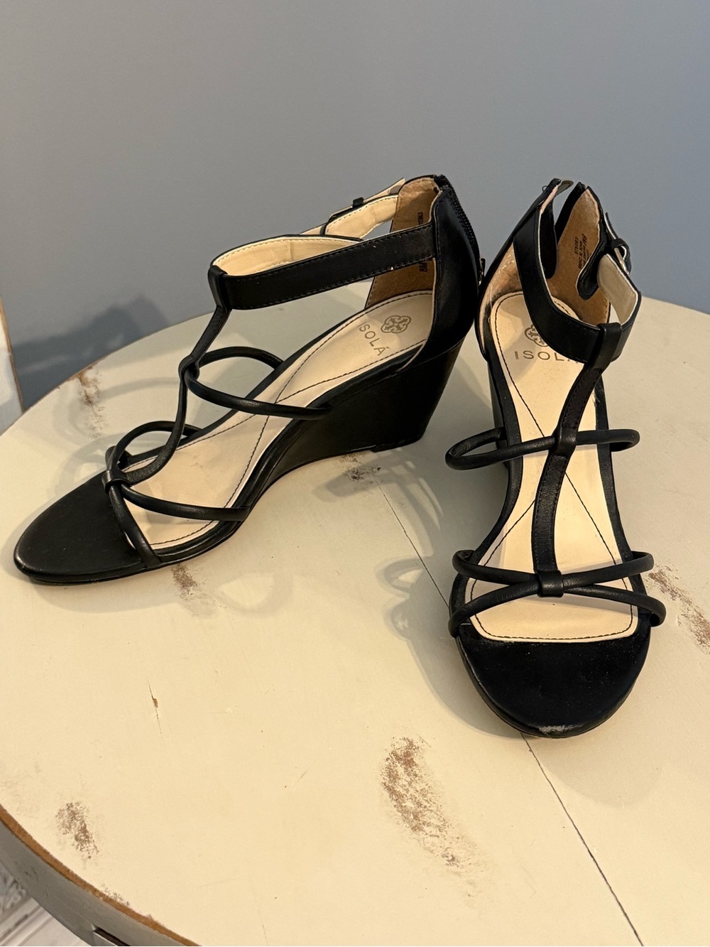 Isola Black Strappy Wedge Heel Shoes, Sz 8